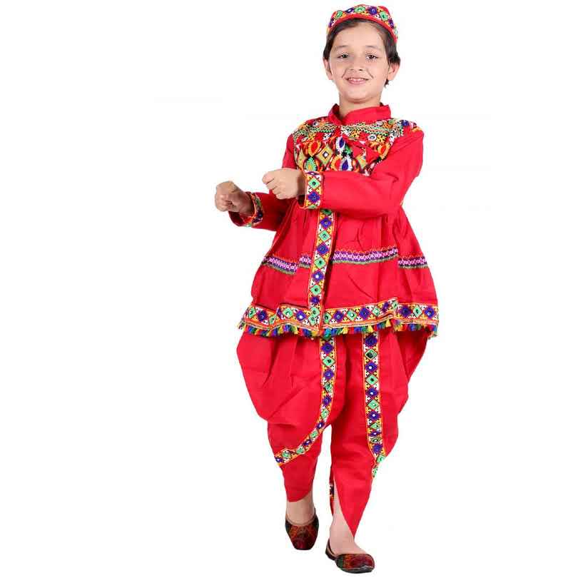 Gujarati Kedia Garba Dress for Boys with Dhoti, Angrakha &Cap-Red