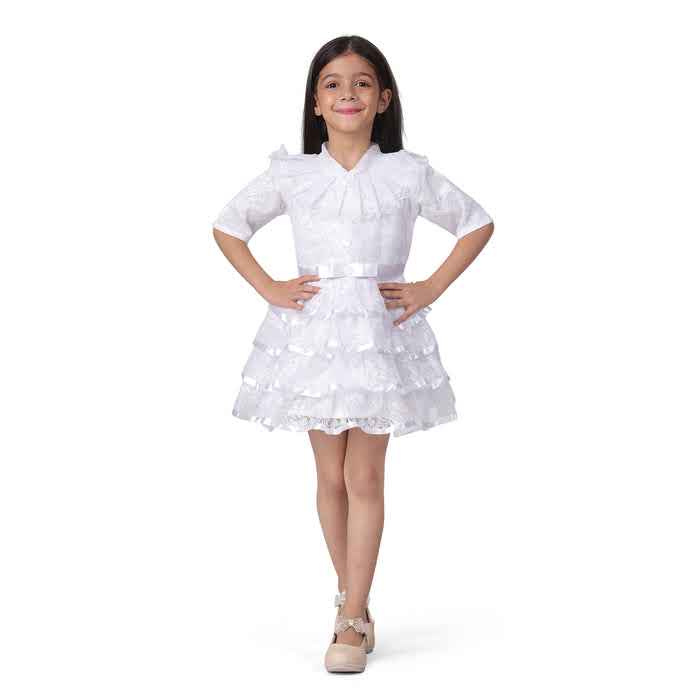 Casual Knee Length Cute Frill Fairy White Frock Dress for Girls Kids