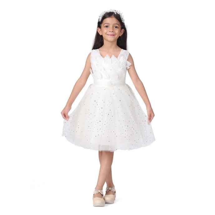 Casual Knee Length Cute Frill White Frock Dress for Girls Kids